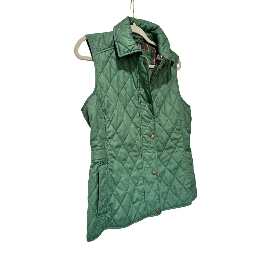 L.L.Bean‎ Quilted Vest Women Small Green Excellent Plaid Lined Corduroy Trim